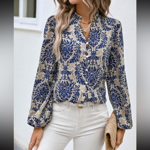 Classic Damask Print Notched Neckline Long  Sleeve Top Blouse Button Down Shirt - Picture 3 of 5